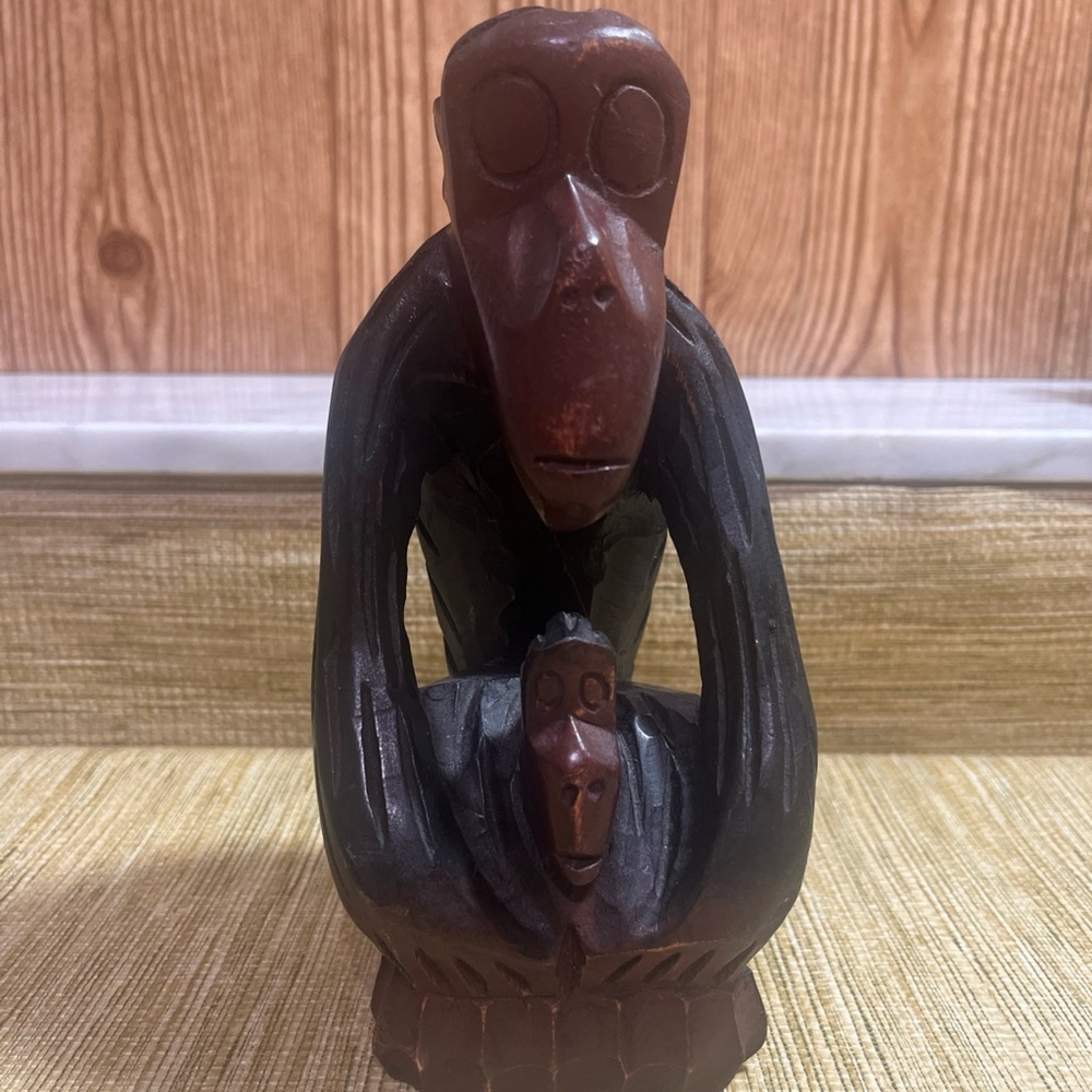 Handcrafted Brown Wooden Monkey Sculpture with Baby 8” Tall